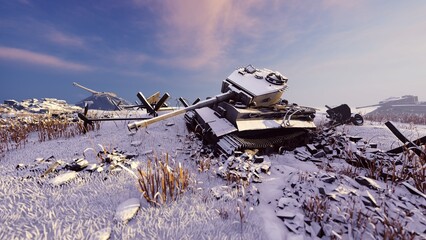 Obraz premium Battlefield with destroyed enemy vehicles