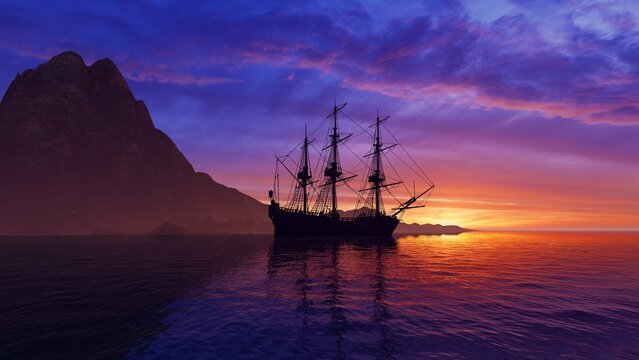 Silhouette of an old ship against the backdrop of the setting sun