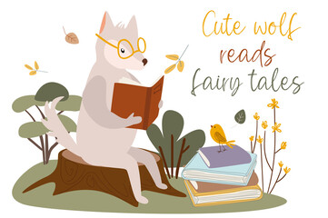 Cute wolf read fairy tales concept background. Happy animal reading book and sitting on stump near pile of books at forest. Pet loves different literature. Illustration in flat cartoon design