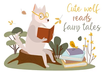 Poster Cute wolf read fairy tales concept background. Happy animal reading book and sitting on stump near pile of books at forest. Pet loves different literature. Illustration in flat cartoon design © Andrey