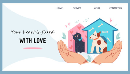 Adoption pets, volunteering and donation for animals web banner template. Donation and charity for homeless animals and shelters, flat vector illustration.