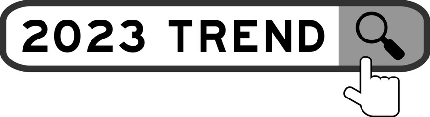 Search banner in word 2023 trend with hand over magnifier icon on white background