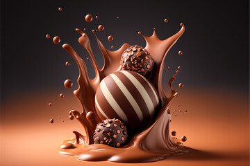Chocolate bonbon dropping into liquid chocolate - obrazy, fototapety, plakaty