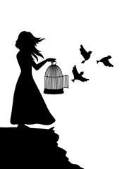 A girl stands on a rock and releases a bird from a cage black and white illustration on the theme of "freedom"
