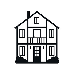 Vector icon of a two storey private house with a balcony on a white background. Architecture icon in flat style made from black lines.