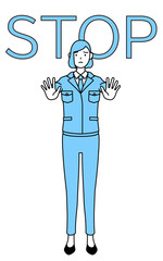 ストップの合図、体の前に手を突き出す作業着を着た女性のシンプルな線画イラスト