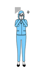 落ち込んで顔を覆う作業着を着た女性のシンプルな線画イラスト