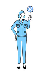 不正解を示すバツの棒を持つ作業着を着た女性のシンプルな線画イラスト