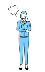 顔をかきながら考える作業着を着た女性のシンプルな線画イラスト