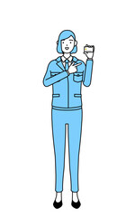 クレジット決済を勧める作業着を着た女性のシンプルな線画イラスト