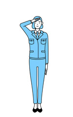 軍隊式敬礼する作業着を着た女性のシンプルな線画イラスト