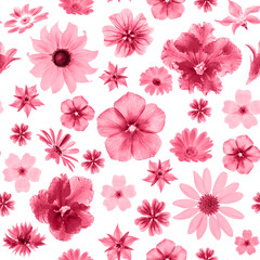Bright pattern of flowers, as backdrop or texture. Color of the year 2023. Top view Flat lay