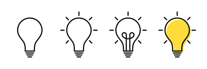 Creative idea and solution concept, light bulb in outline style. Set of electric lamps with rays. Knowledge, problem solution, creative idea and thinking. Vector