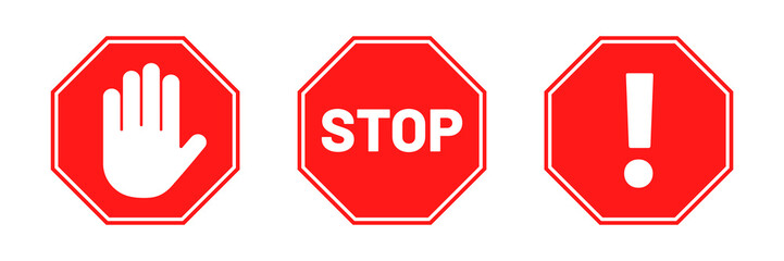 Stop signs collection. Red stop signs in octagon shape. Traffic warning and prohibiting icons with hand, text and exclamation mark. Vector