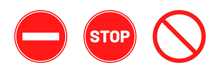 Stop signs collection. Red stop signs in round shape. Traffic warning and prohibiting icons with hand, text and exclamation mark. Vector