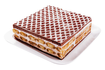 multi-layered Cocoa sponge cake isolated on white