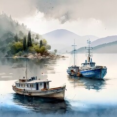 Painting of boats docked at sunset. Peaceful calming image. 