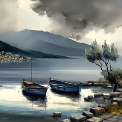 Painting of boats docked at sunset. Peaceful calming image. 