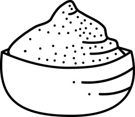 Flour doodle2. Flour in a bowl. Black and white vector cartoon illustration.