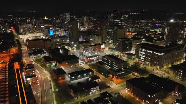 Downtown aerial view of buildings from drone