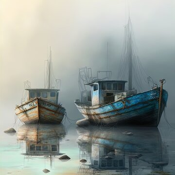 Painting of boats docked at sunset. Peaceful calming image. 