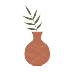 Textured brown vase with a plant branch isolated on a white background. Vector element mid-century modern style earth tones