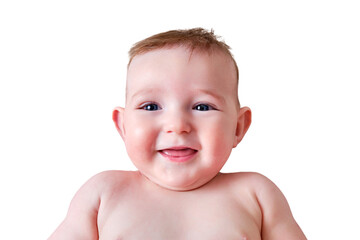 Portrait of a happy infant baby on a bed in a home living room, aged from six to seven months, isolated on a white background. Laughing toddler kid on the sofa, face close-up