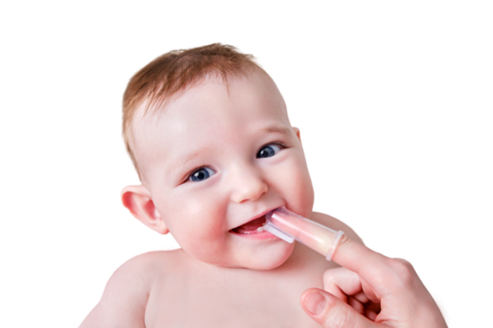Mother hands brushing teeth with a finger brush of a happy infant baby, isolated on a white background. Mom doing oral hygiene to a smiling toddler kid, six to seven months old