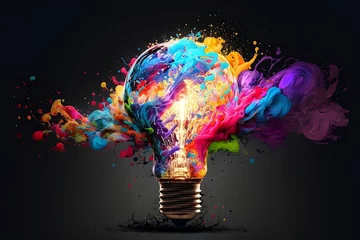 Foto op Plexiglas Lightbulb eureka moment with Impactful and inspiring artistic colourful explosion of paint energy © cfhdesign
