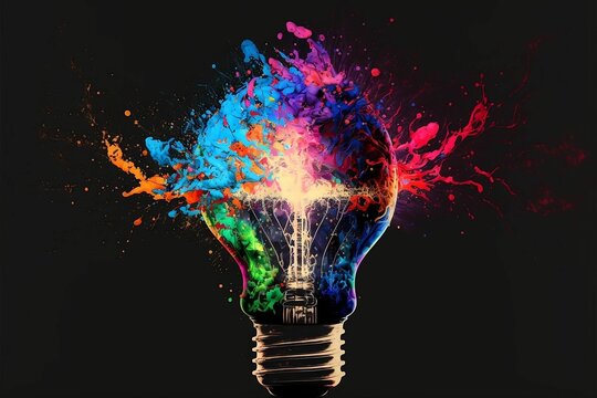 Lightbulb eureka moment with Impactful and inspiring artistic colourful explosion of paint energy