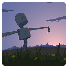 Iron scarecrow in the field at night
