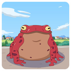 Red toad sits on the road near the settlement