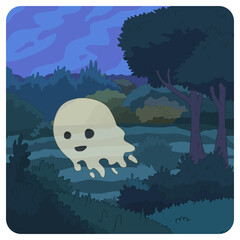Funny ghost in the forest. Funny illustration