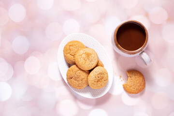 Overhead view of snickerdoodle cookies and coffee with copy space