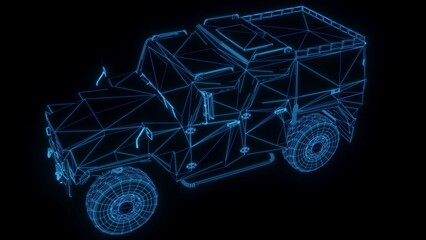 3D rendering illustration military truck blueprint glowing neon hologram futuristic show technology security for premium product business finance  