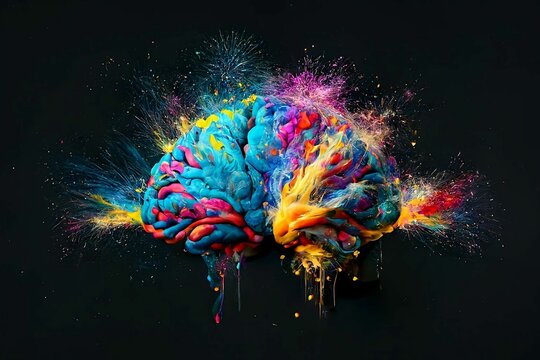 Brain exploding with creativity and imagination with rainbow coloured paint energy against black background