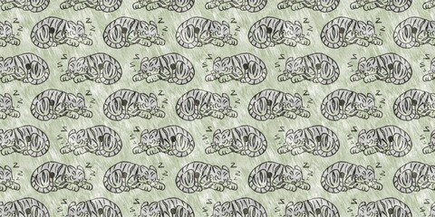 Cute safari wild tiger animal border for babies room decor. Seamless big cat furry green textured gender neutral print design