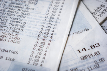 British shopping receipt stacks background in england uk
