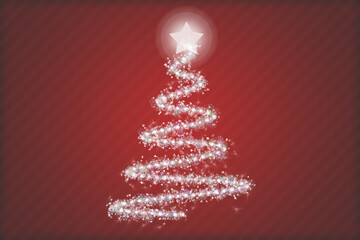 Fondo navideño rojo con árbol de navidad iluminado. 