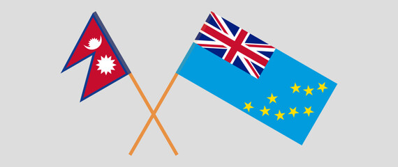 Crossed flags of Nepal and Tuvalu. Official colors. Correct proportion