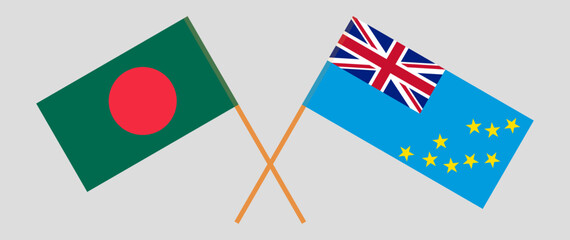 Crossed flags of Bangladesh and Tuvalu. Official colors. Correct proportion