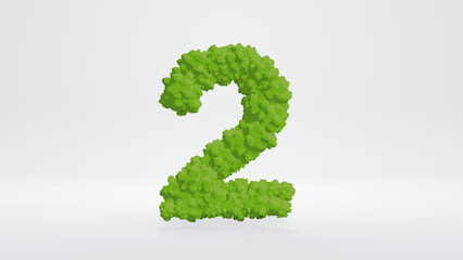 3D illustration of number two. Cute green bush style, isolated on white background with clipping path. 