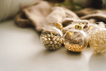 Christmas composition. Christmas golden balls and decorations. Christmas holiday celebration. New Year concept.