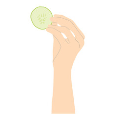 Female hand holding a slice of cucumber in minimalist style with lines to emphasize the shapes, vector isolated on white background.