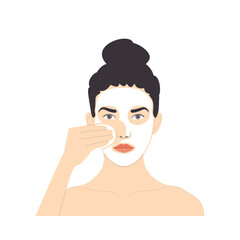 Facial care, woman with tied hair with cotton pad washes off white mask from face, vector isolated on white background.