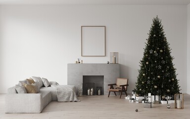 Cozy christmas white living room decorated big christmas pine tree, new year's decor on the fireplace, garlands, grey sofa, gifts under the tree, empty wooden frame. Template, background for xmas card