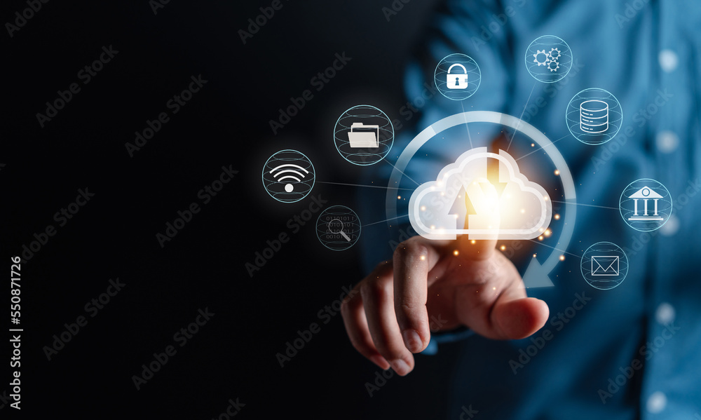 Fototapete Businessman touching cloud computing to download and loading data information and upload on system network application. Technology transformation concept