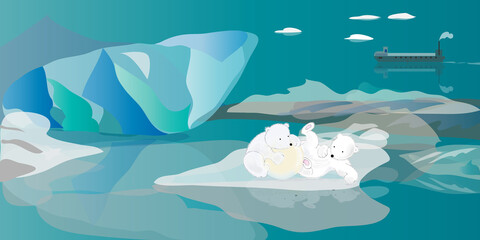 Winter greeting card with bears. Little polar bears are playing on a drifting ice floe in the middle of the sea. © hexen2015