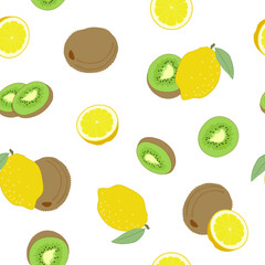 Pattern seamless illustration with fresh bright citrus fruit lemons and kiwi whole with peel and in section, vector isolated on white background.