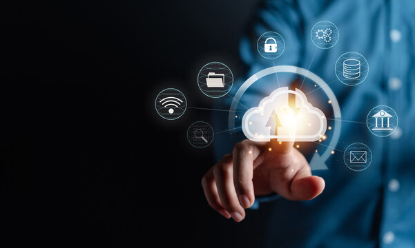 Businessman touching cloud computing to download and loading data information and upload on system network application. Technology transformation concept